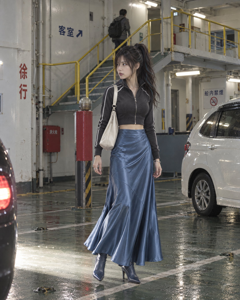 The car deck of a ferry, wet floor shining under a car’s headlights from outside the frame. A young woman with a high dark ponytail, in a dark cropped zip jacket, a long blue satin skirt and heeled boots, a pale bag on her shoulder, has stopped mid-step and looks to one side. Behind her, a white minivan and a yellow-railed staircase signed for the passenger cabins.