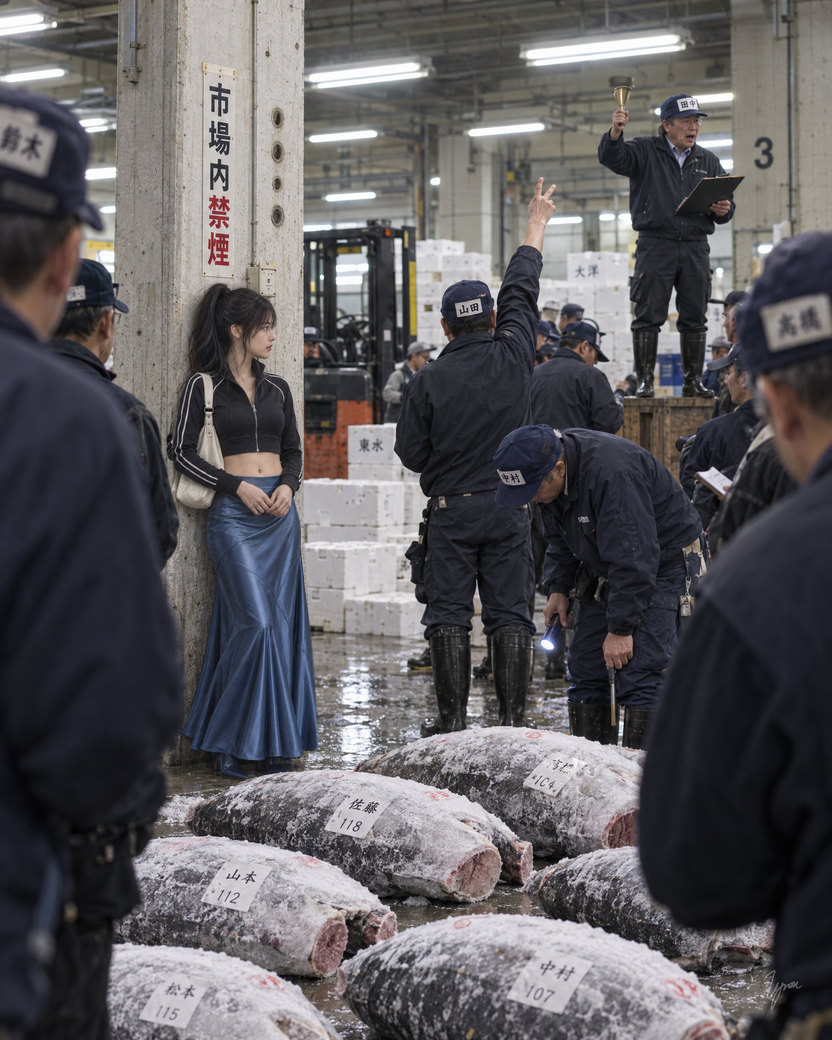 A tuna auction hall under fluorescent light. Buyers in dark work clothes and name-tagged caps stand in a ring around frozen tuna laid on the wet floor, one raising a hand toward the auctioneer on his stand. At a concrete pillar behind them, a young woman in a dark cropped jacket and a long blue satin skirt waits with her hands folded, outside the trade.
