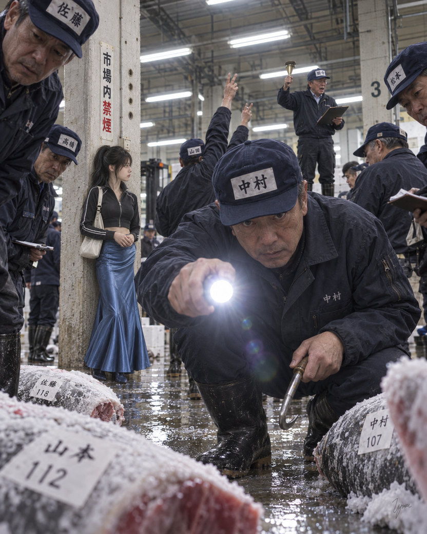 Seen from floor level between frozen tuna tagged with buyers’ names and numbers. A buyer crouches and shines a flashlight straight into the lens, a hook in his other hand. Behind him other buyers look down, and the young woman in the blue skirt stands by the pillar.