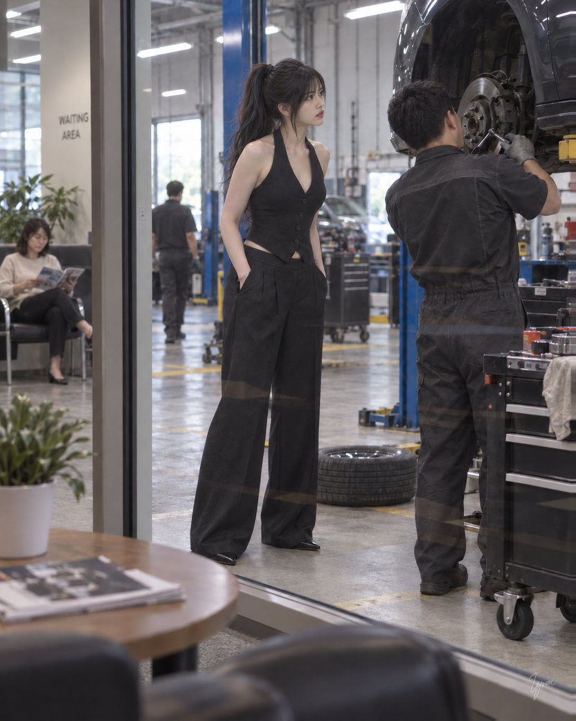 Seen through the glass wall of a car repair shop’s waiting room. In the foreground, a small round table with magazines, a potted plant and the backs of black leather chairs; a woman sits reading in the waiting area at the left. Beyond the glass, a young woman with a long dark ponytail, in a dark charcoal halter waistcoat and wide dark trousers, stands with her hands in her pockets, looking up at a mechanic in dark overalls working on the front brake of a dark car raised on a blue lift.